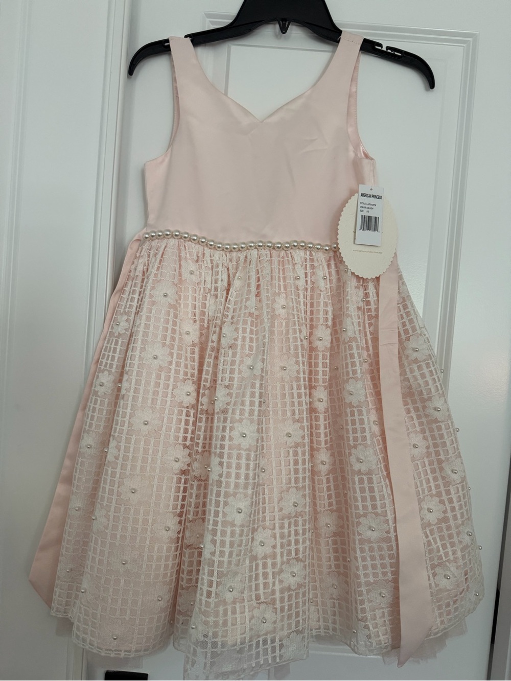 Girls Pink Pearl-Trim Flower Mesh Party Dress